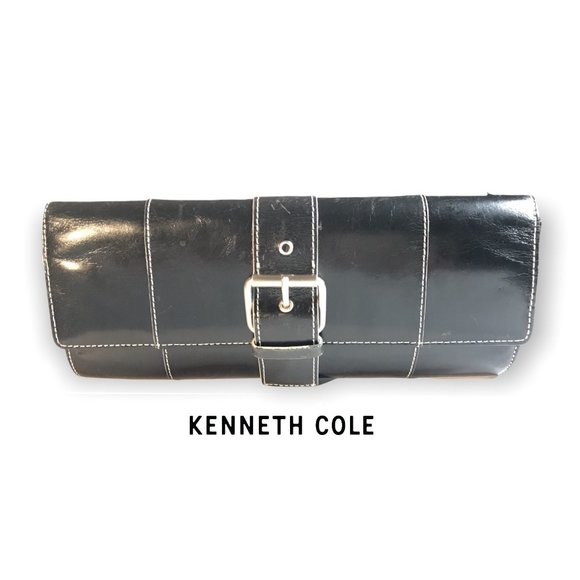 KENNETH COLE New York BLACK Genuine leather SILVER FLAP Clutch - Picture 2 of 5